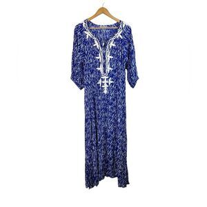 World Market Blue White Embroidered Boho Maxi Long Dress Free Size NWT